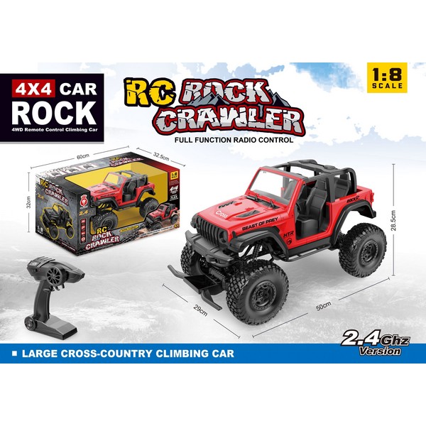 An off-road jeep on a remote is charged with an open lithium battery